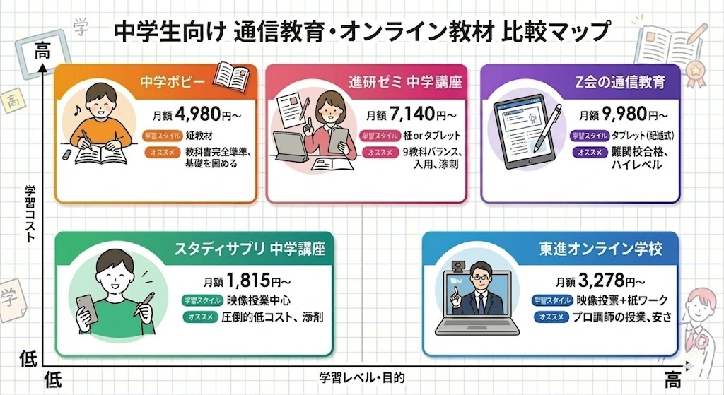 中学生向け紙で学ぶ通信教育の比較マップ